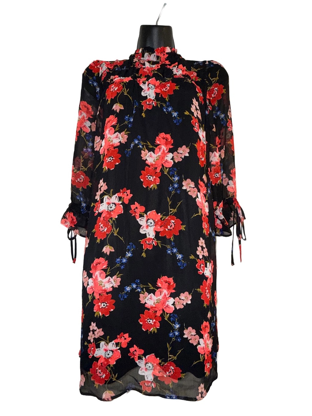 Express Black Floral Tie-Cuff Mock-Neck Shift Dress
